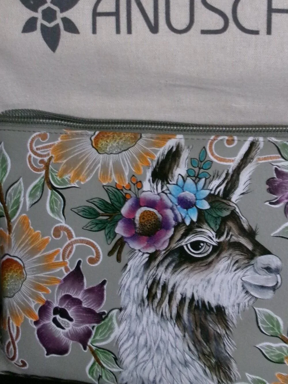 NWT Anuschka Garden Llama Hand-Painted Leather Wristlet